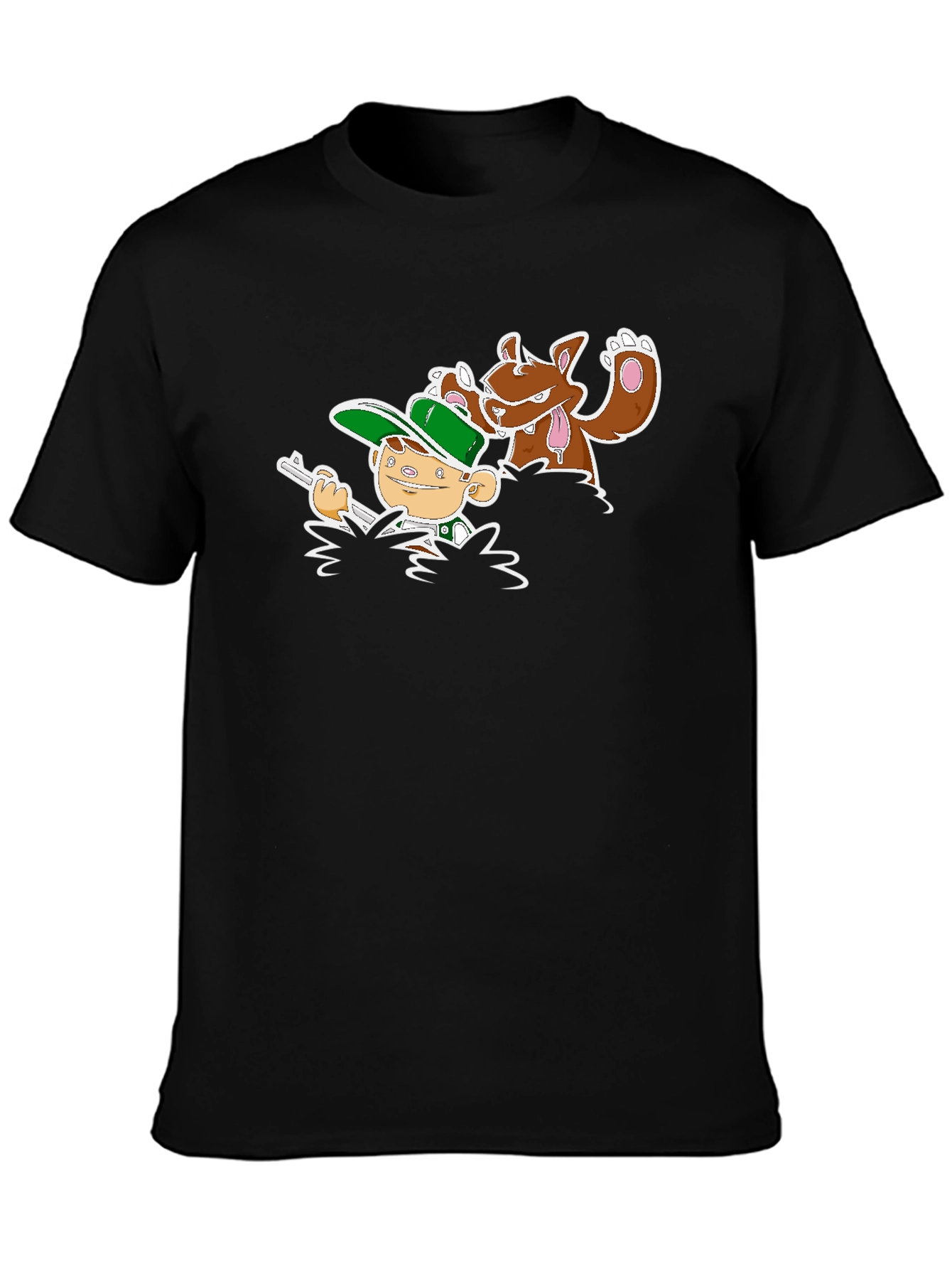Cartoon Hunter & Dog Graphic Black Tee