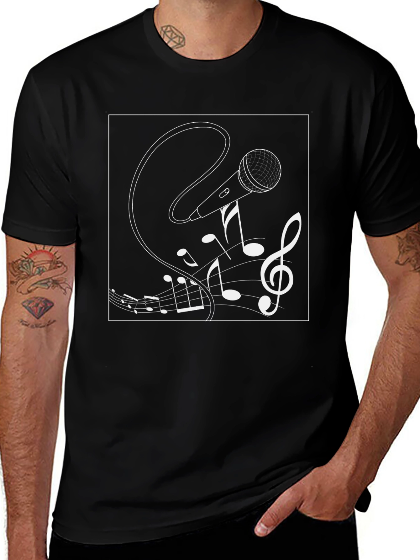 Musical Microphone Graphic Tee - Black Cotton Shirt