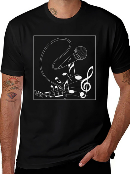 Musical Microphone Graphic Tee - Black Cotton Shirt