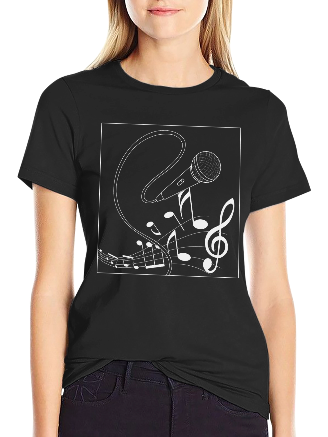 Musical Microphone Graphic Tee - Black Cotton Shirt