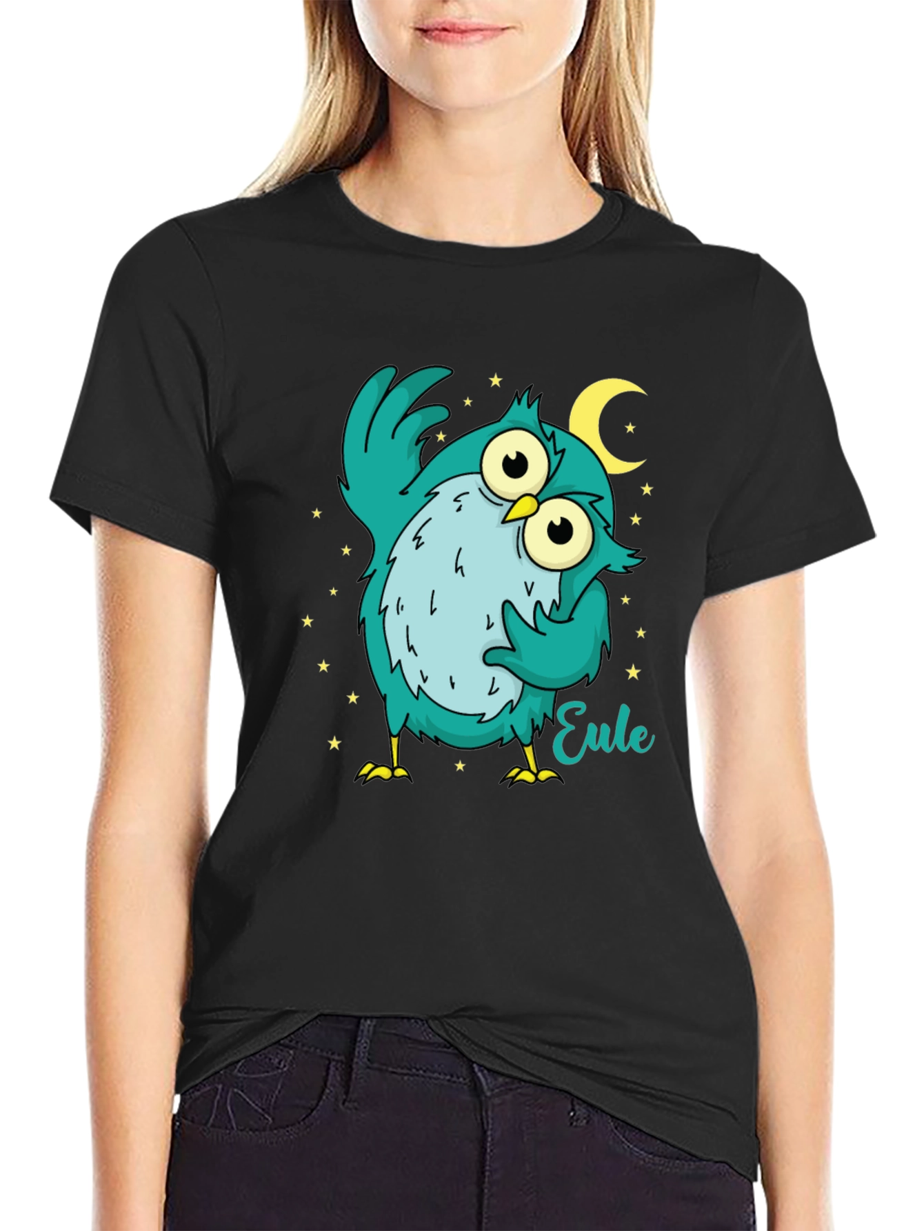 Owl Cartoon Graphic Black T-Shirt