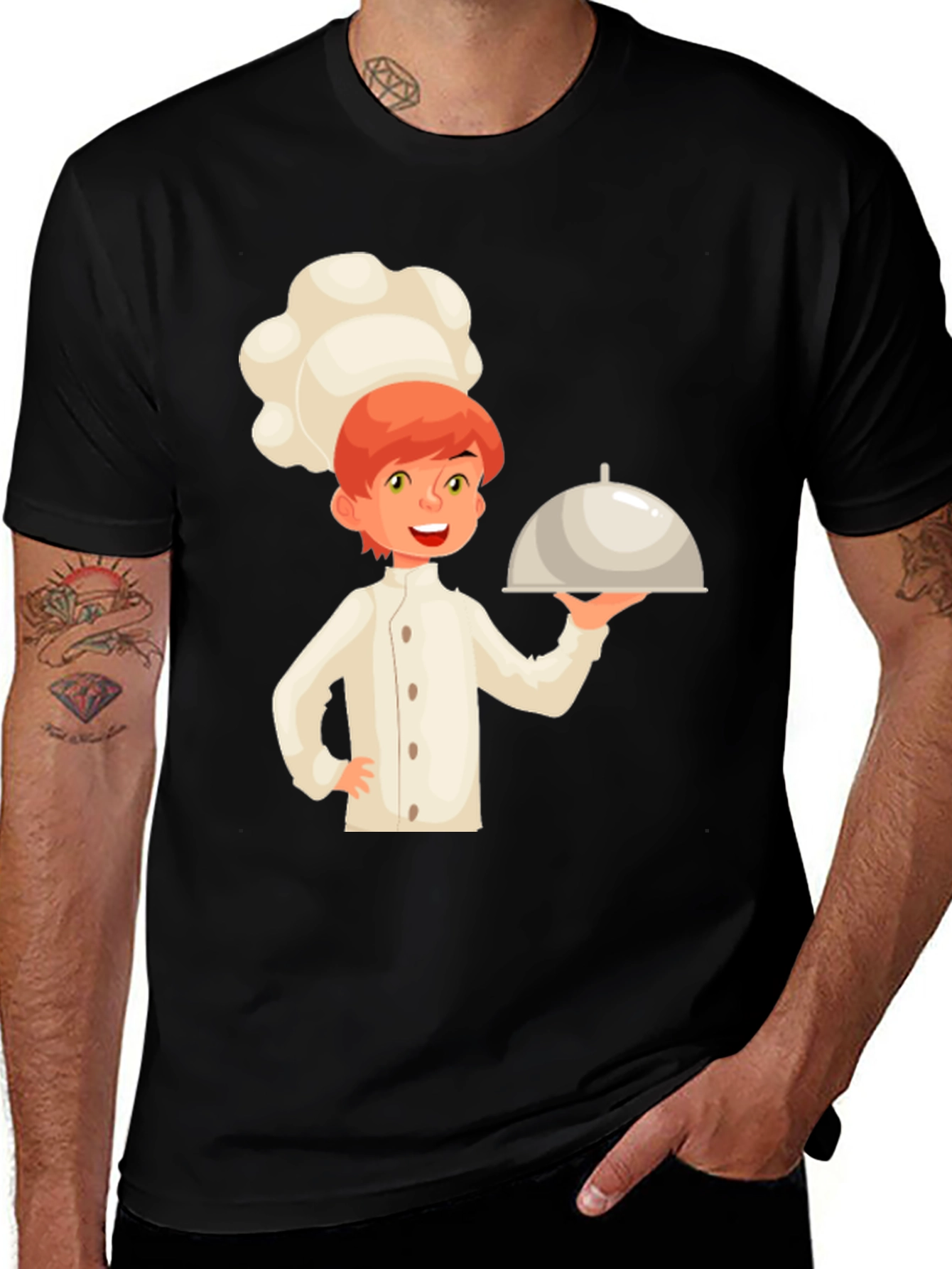 Chef Cartoon Graphic Tee - Black Cotton Casual T-Shirt