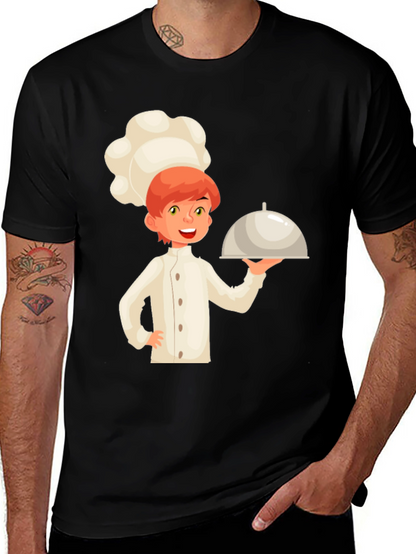 Chef Cartoon Graphic Tee - Black Cotton Casual T-Shirt