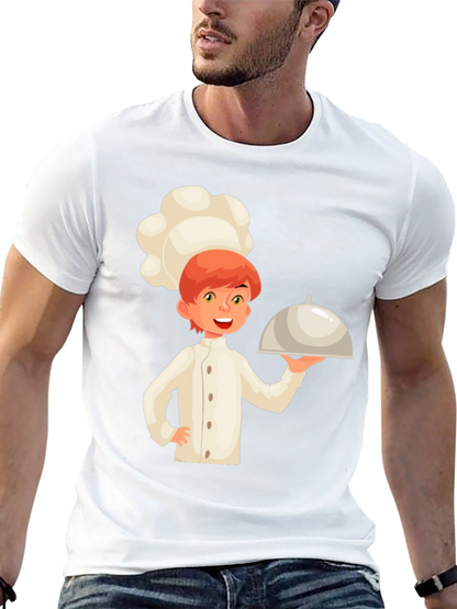 Chef Cartoon Graphic Tee - Black Cotton Casual T-Shirt