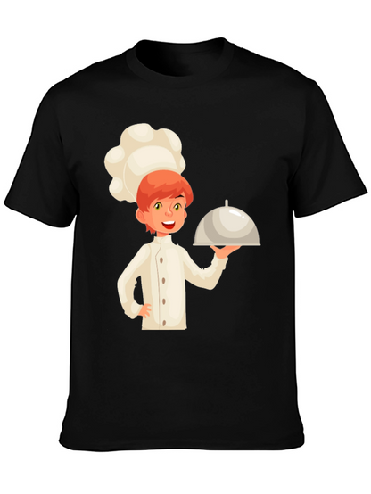 Chef Cartoon Graphic Tee - Black Cotton Casual T-Shirt