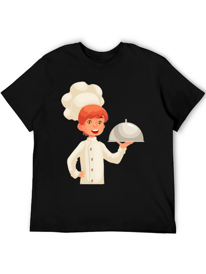 Chef Cartoon Graphic Tee - Black Cotton Casual T-Shirt