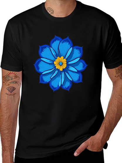Blue Flower Graphic Tee - Soft Cotton Black T-Shirt