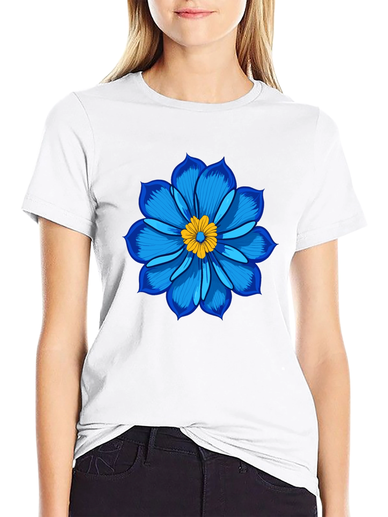 Blue Flower Graphic Tee - Soft Cotton Black T-Shirt