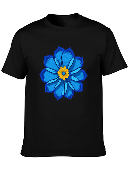Blue Flower Graphic Tee - Soft Cotton Black T-Shirt
