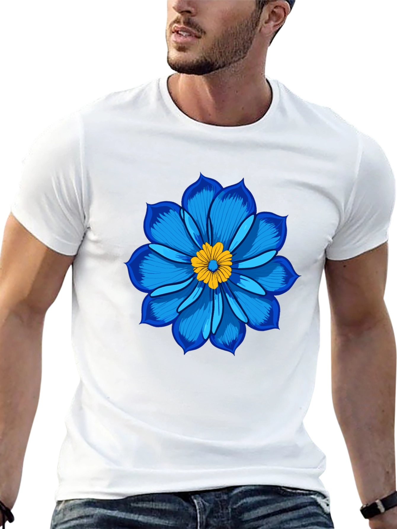 Blue Flower Graphic Tee - Soft Cotton Black T-Shirt