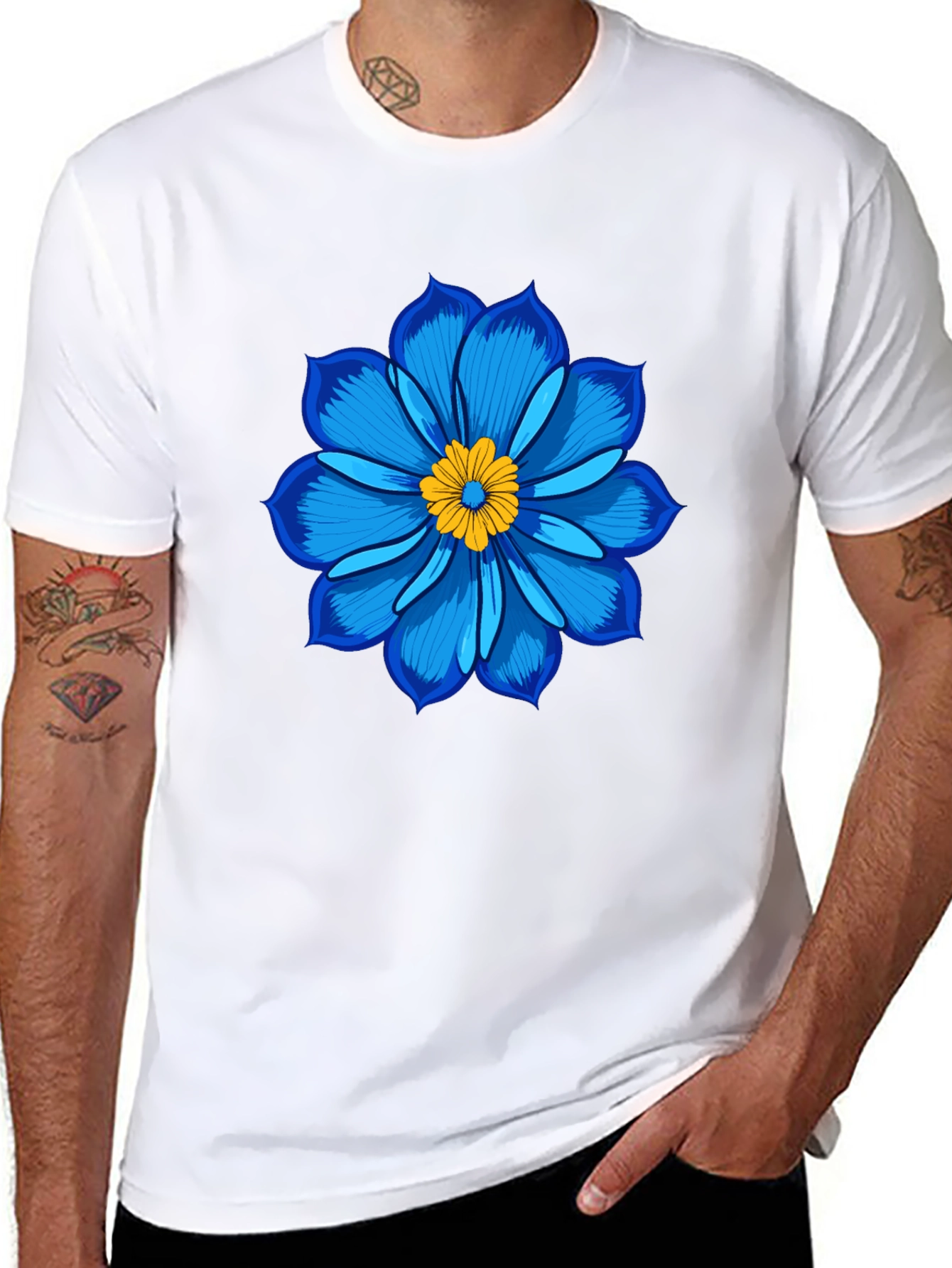 Blue Flower Graphic Tee - Soft Cotton Black T-Shirt