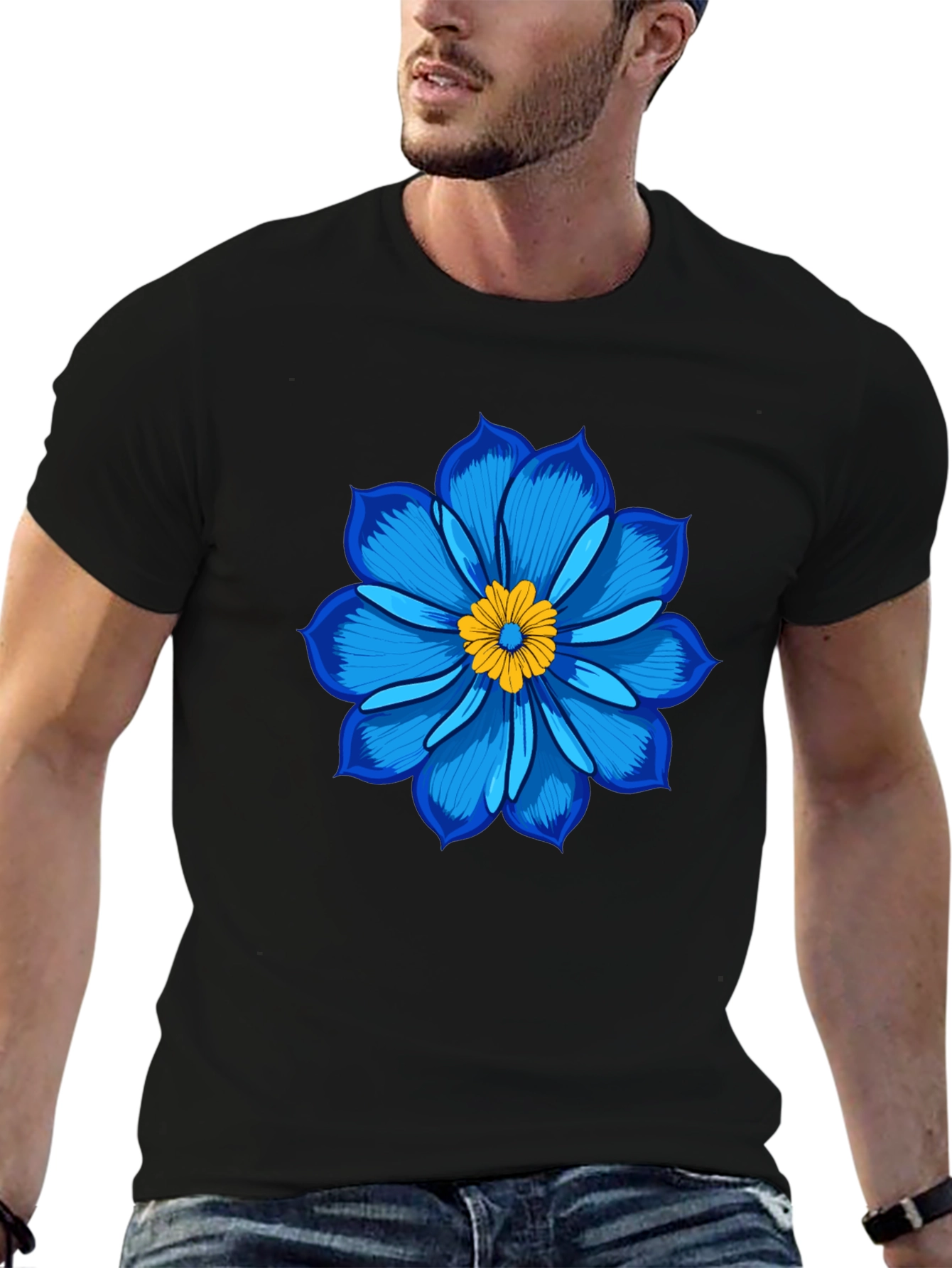 Blue Flower Graphic Tee - Soft Cotton Black T-Shirt