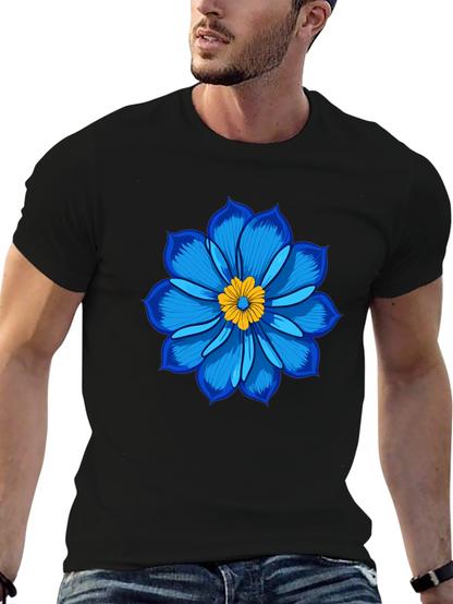 Blue Flower Graphic Tee - Soft Cotton Black T-Shirt