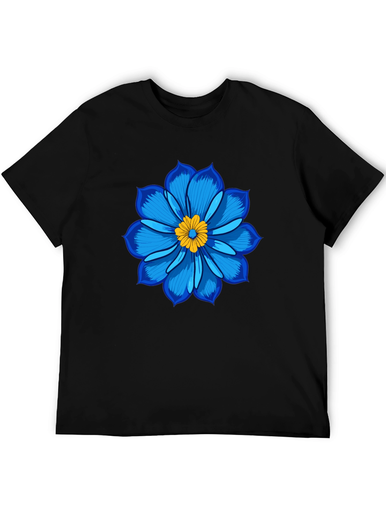 Blue Flower Graphic Tee - Soft Cotton Black T-Shirt