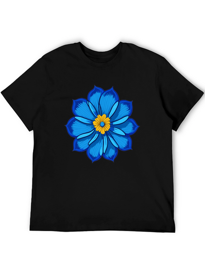 Blue Flower Graphic Tee - Soft Cotton Black T-Shirt