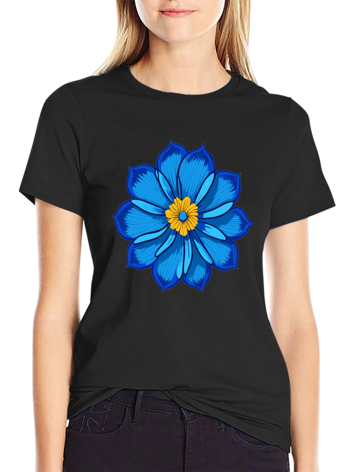Blue Flower Graphic Tee - Soft Cotton Black T-Shirt