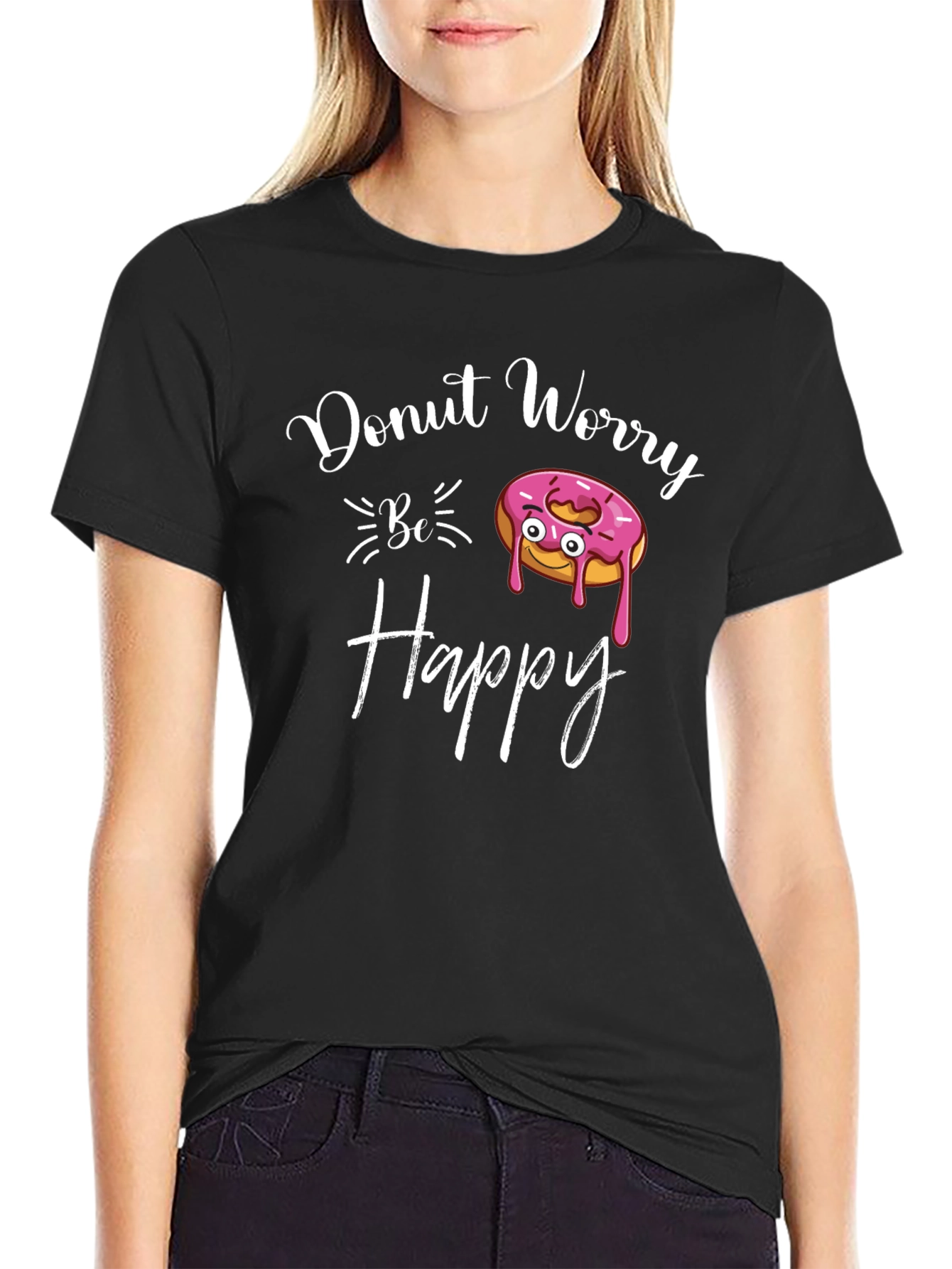 Donut Worry Be Happy Black T-Shirt