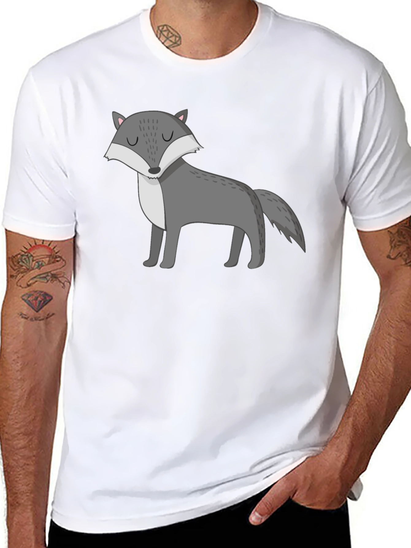 Mens Black T-Shirt with Cartoon Wolf Graphic