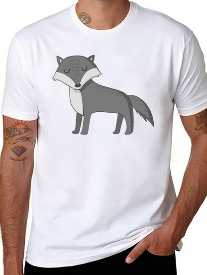 Mens Black T-Shirt with Cartoon Wolf Graphic