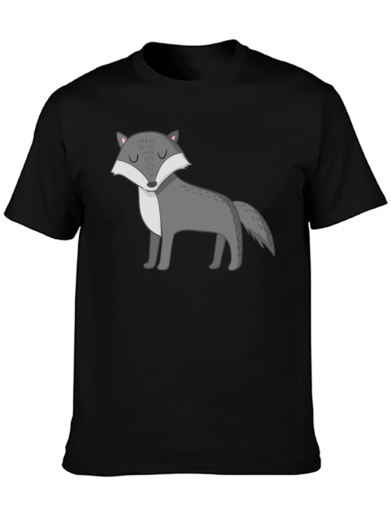 Mens Black T-Shirt with Cartoon Wolf Graphic