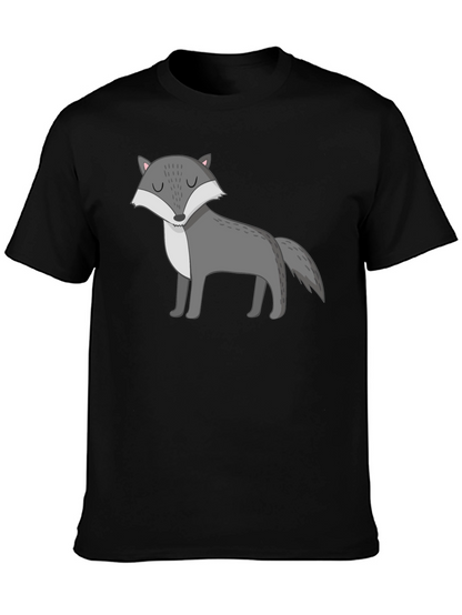 Mens Black T-Shirt with Cartoon Wolf Graphic