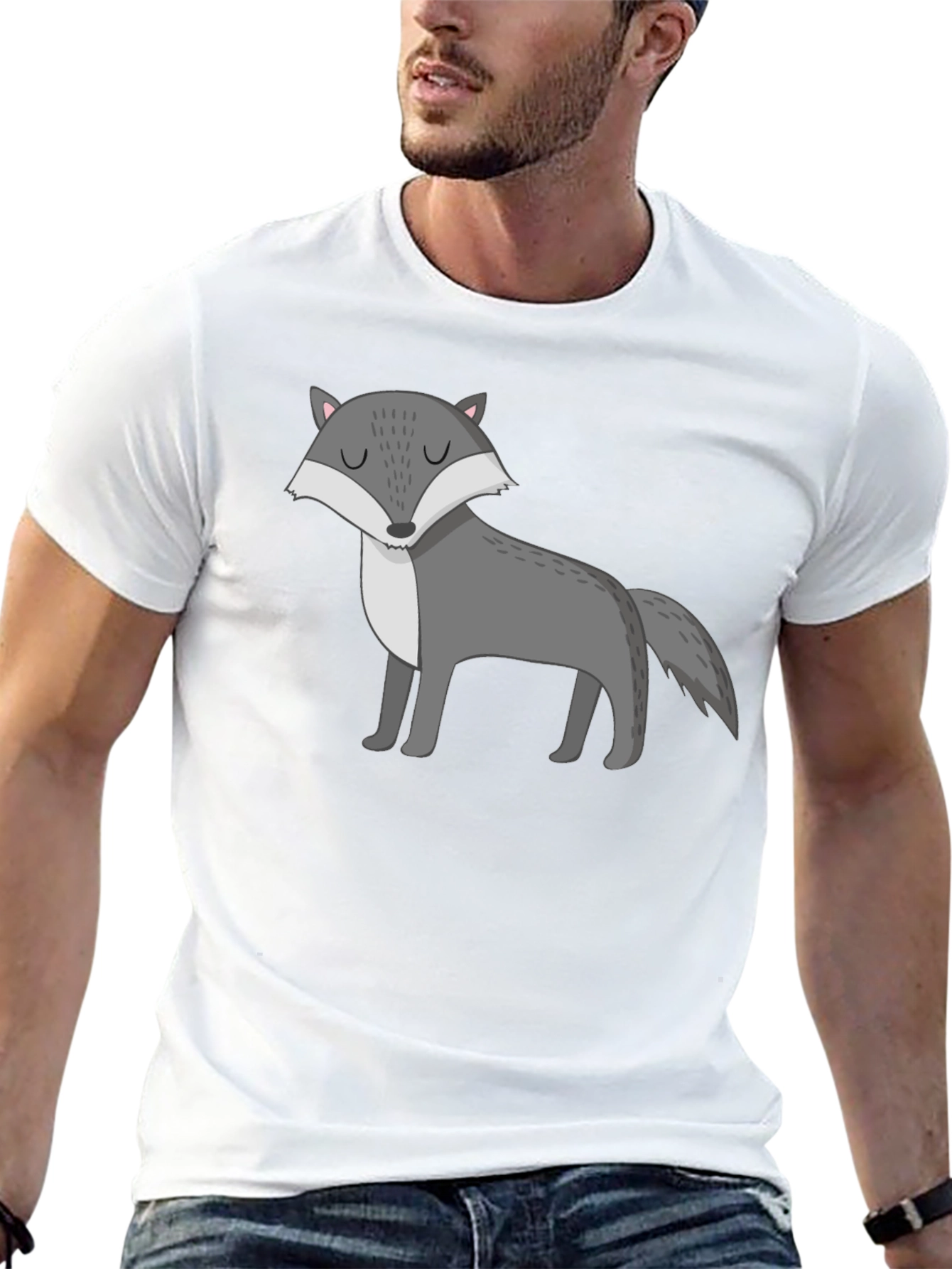 Mens Black T-Shirt with Cartoon Wolf Graphic