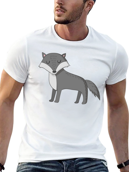 Mens Black T-Shirt with Cartoon Wolf Graphic