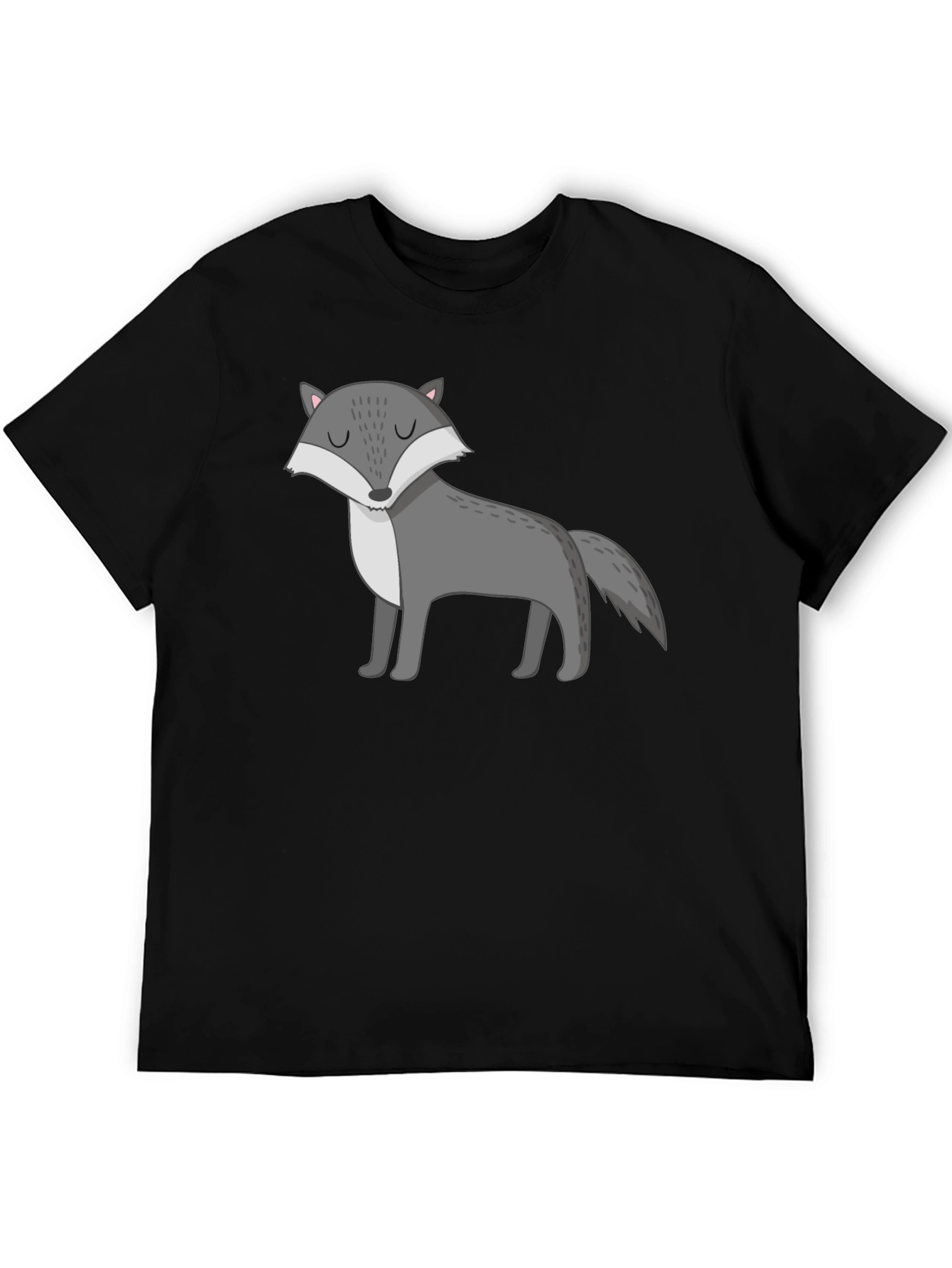 Mens Black T-Shirt with Cartoon Wolf Graphic