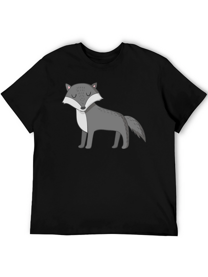 Mens Black T-Shirt with Cartoon Wolf Graphic