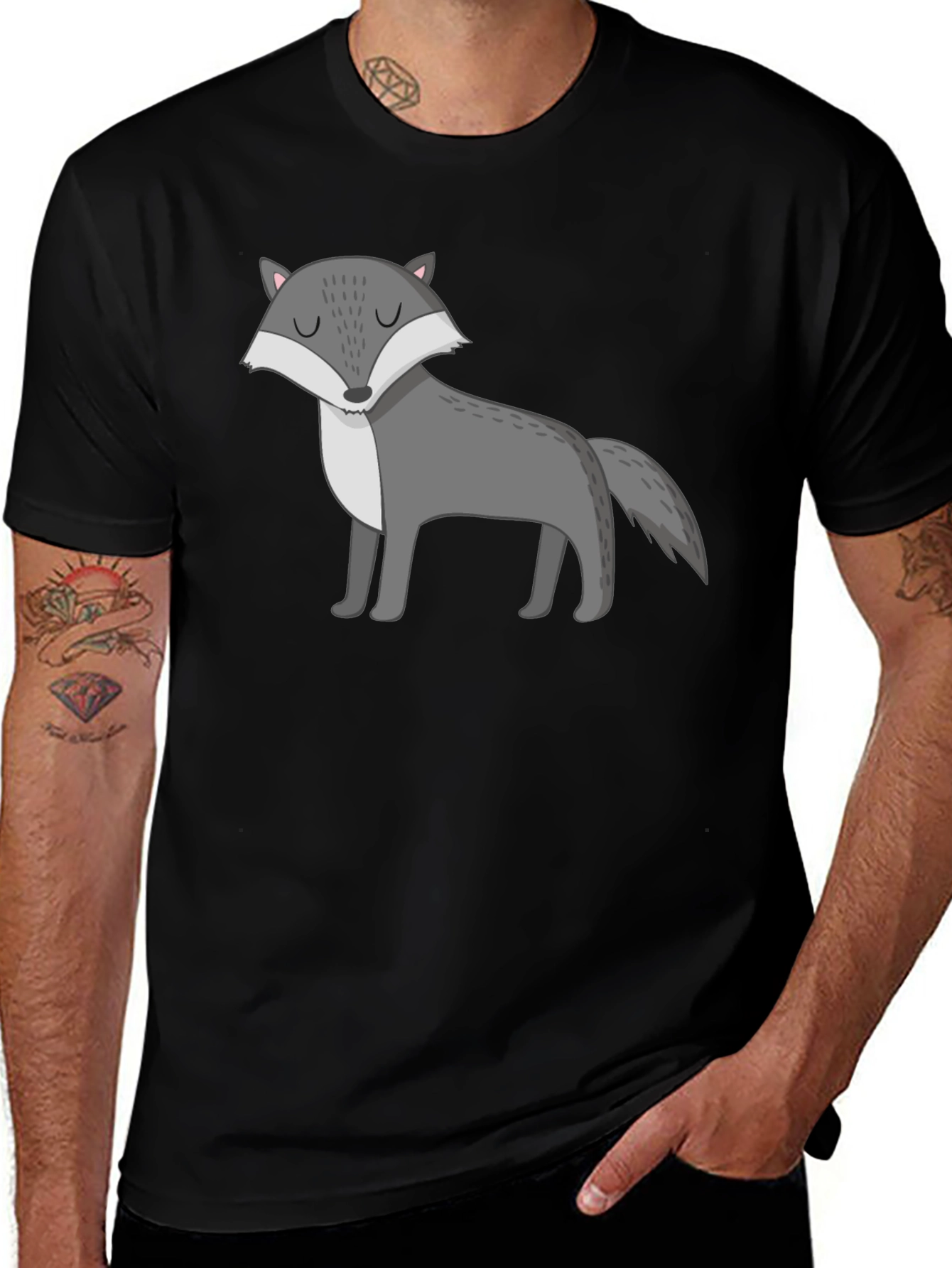 Mens Black T-Shirt with Cartoon Wolf Graphic