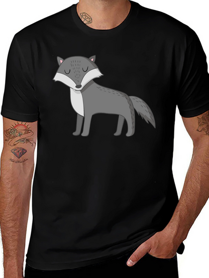 Mens Black T-Shirt with Cartoon Wolf Graphic