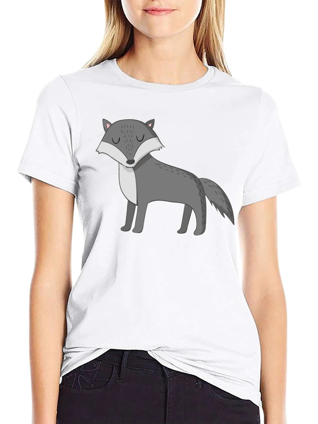 Mens Black T-Shirt with Cartoon Wolf Graphic