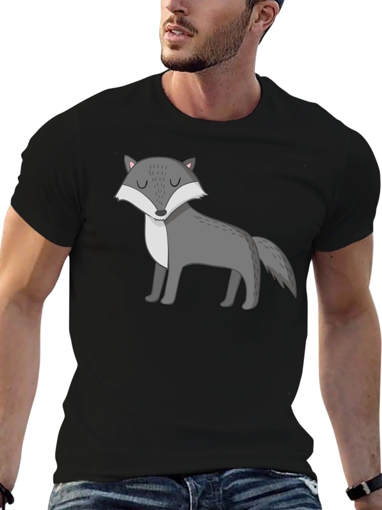 Mens Black T-Shirt with Cartoon Wolf Graphic