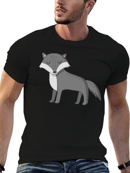 Mens Black T-Shirt with Cartoon Wolf Graphic