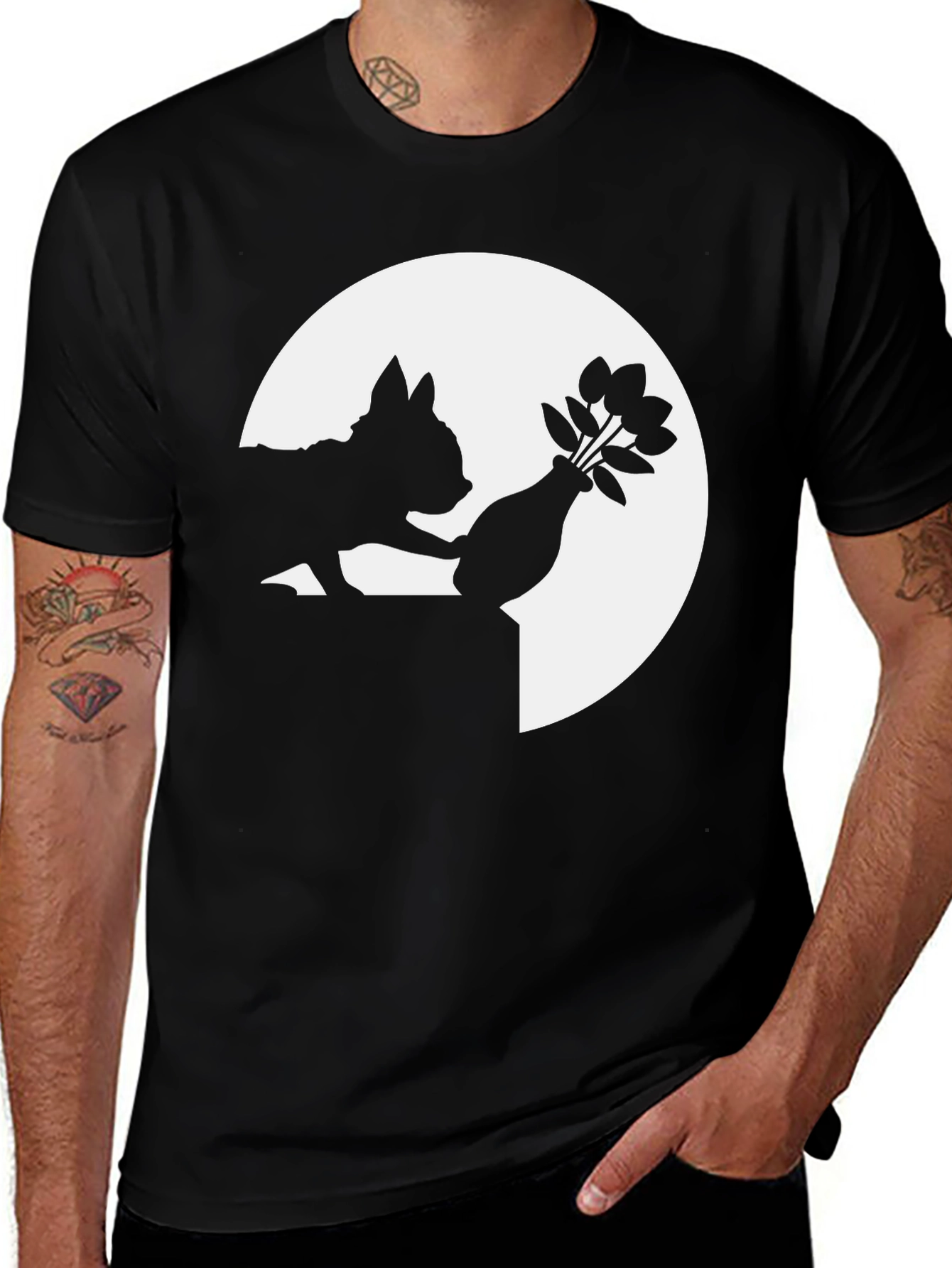 Silhouette Dog & Flowers Black T-Shirt