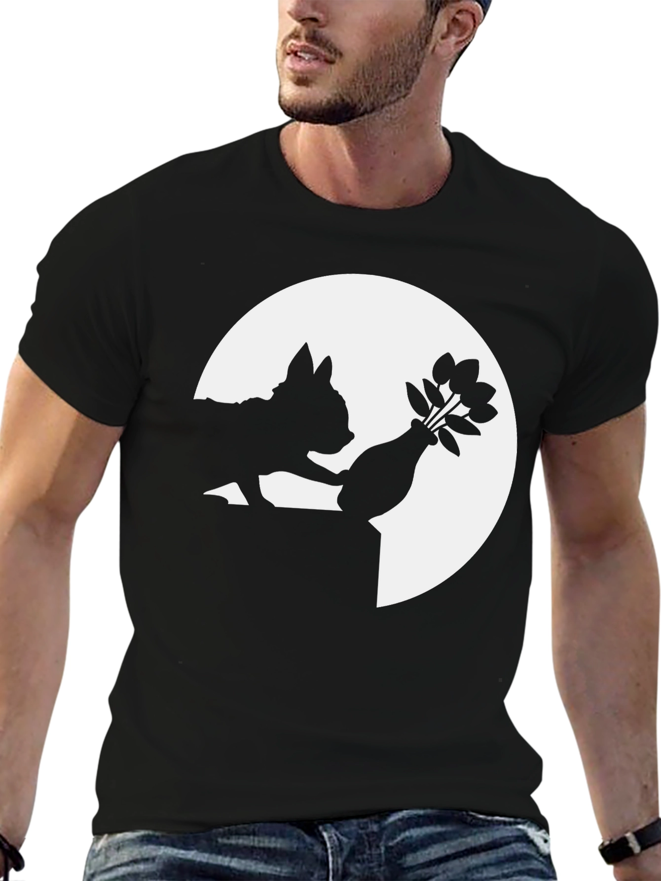 Silhouette Dog & Flowers Black T-Shirt