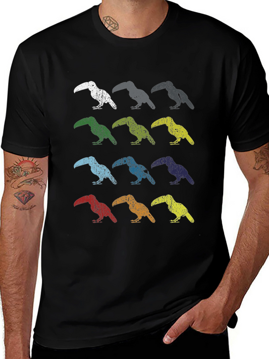 Colorful Toucan Pattern Black T-Shirt