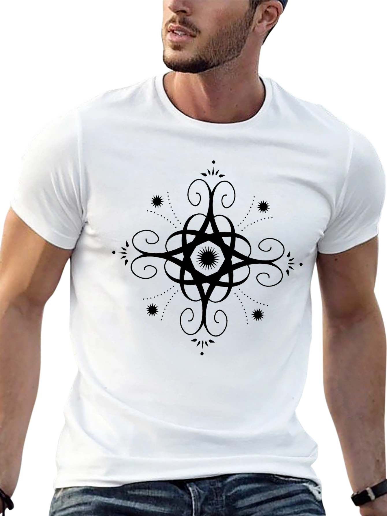 Mens Black Graphic Tee - Ornate Star Design