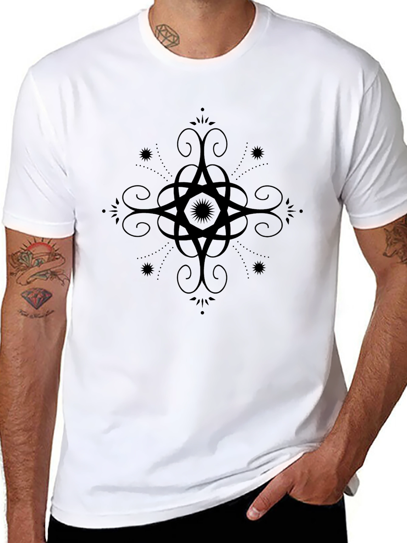 Mens Black Graphic Tee - Ornate Star Design
