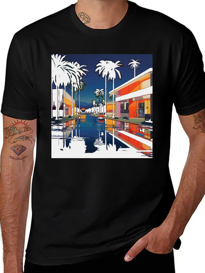 Retro Palm Springs Graphic Tee - Black Cotton T-Shirt