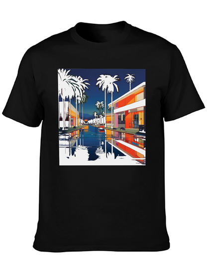 Retro Palm Springs Graphic Tee - Black Cotton T-Shirt