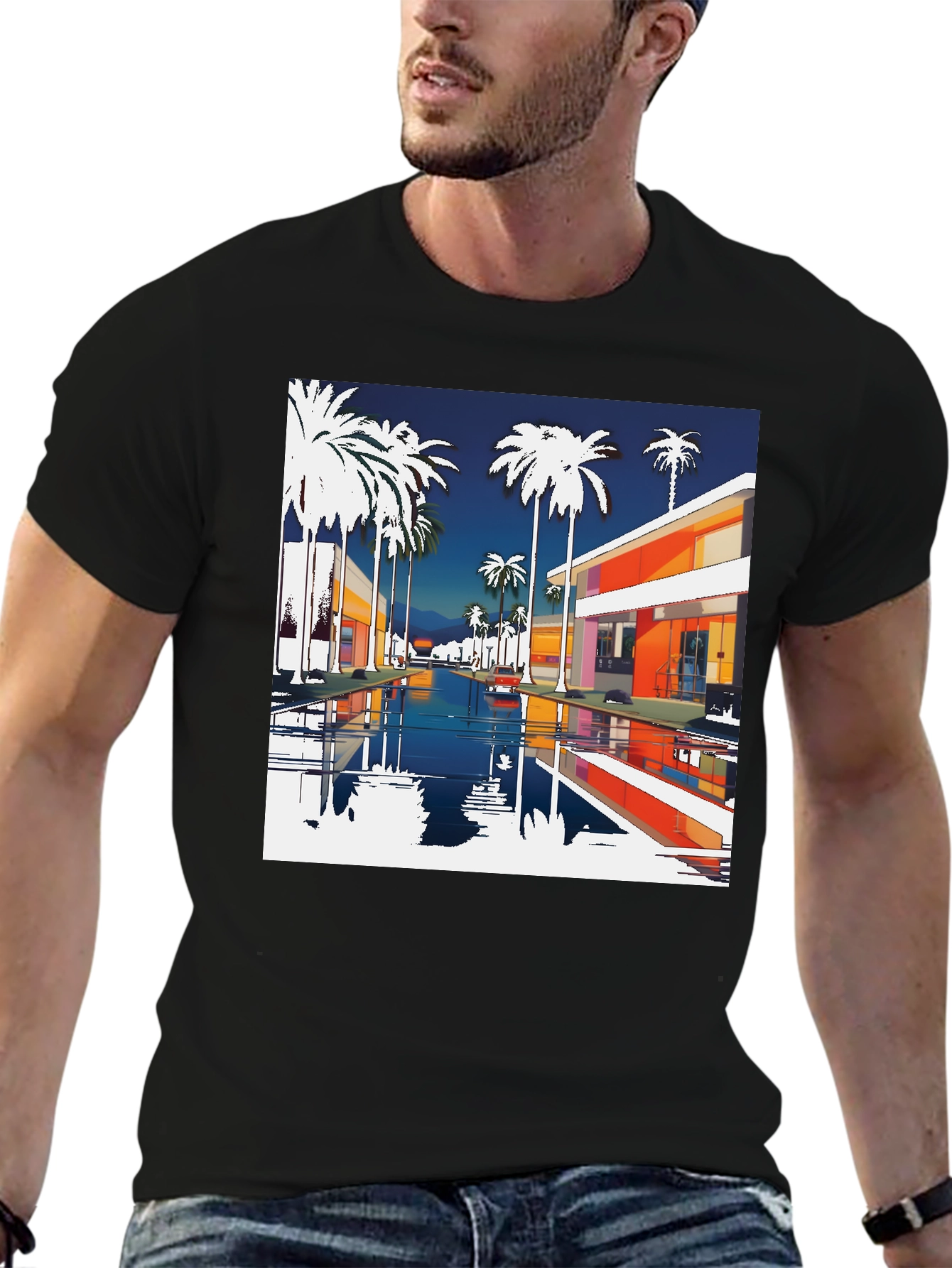 Retro Palm Springs Graphic Tee - Black Cotton T-Shirt