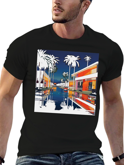 Retro Palm Springs Graphic Tee - Black Cotton T-Shirt