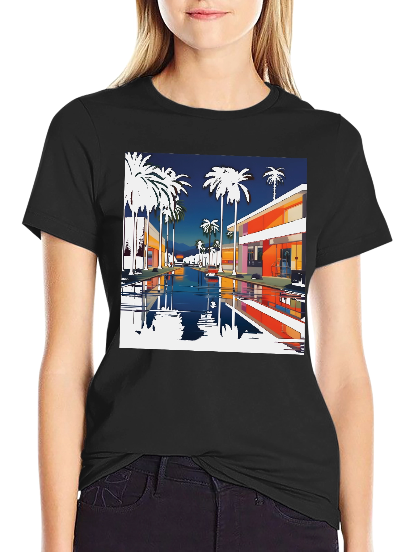 Retro Palm Springs Graphic Tee - Black Cotton T-Shirt