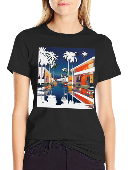 Retro Palm Springs Graphic Tee - Black Cotton T-Shirt