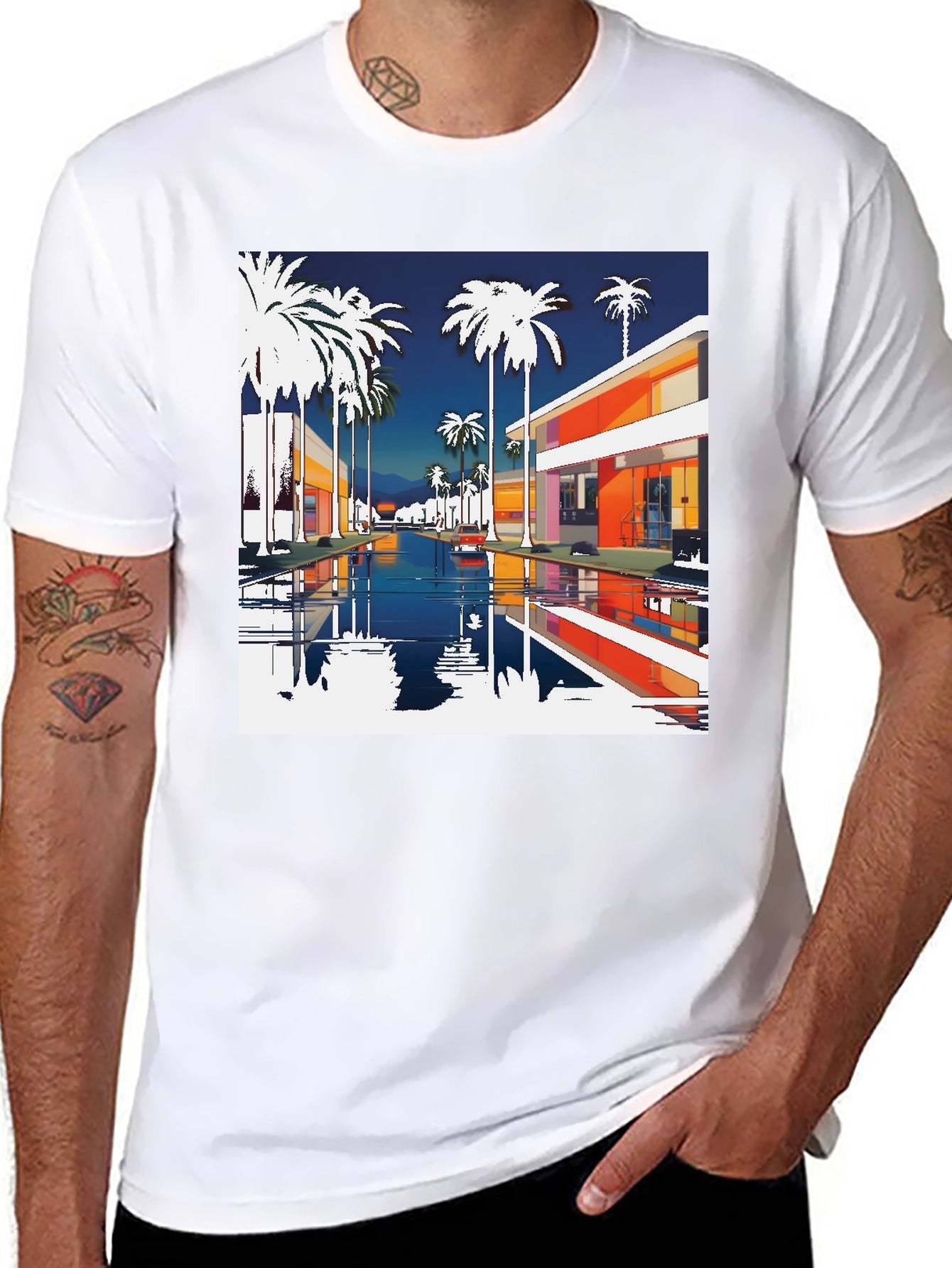 Retro Palm Springs Graphic Tee - Black Cotton T-Shirt