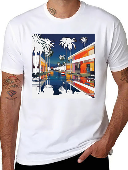 Retro Palm Springs Graphic Tee - Black Cotton T-Shirt