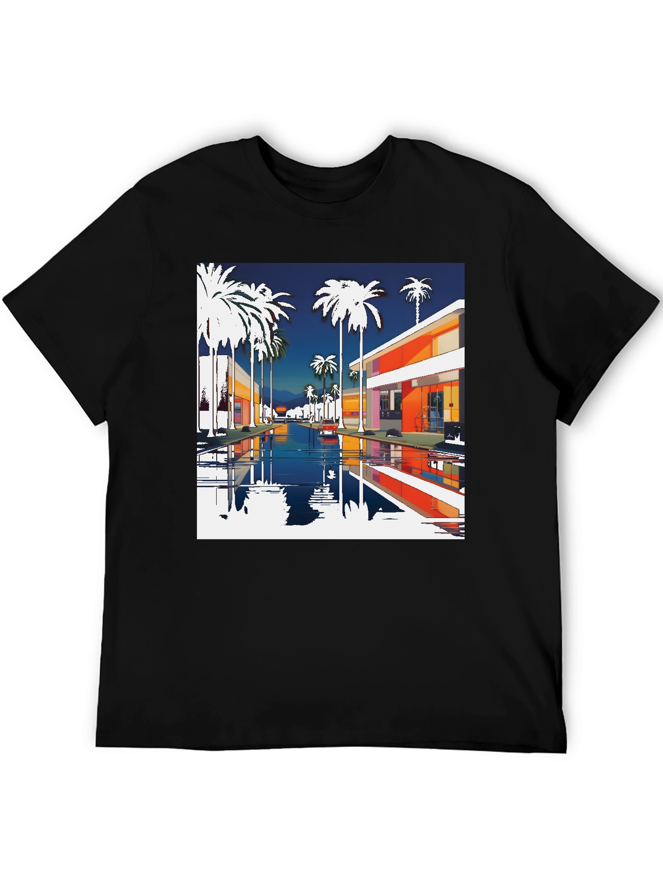 Retro Palm Springs Graphic Tee - Black Cotton T-Shirt