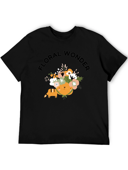 Floral Wonder Cat T-Shirt - Soft Black Cotton