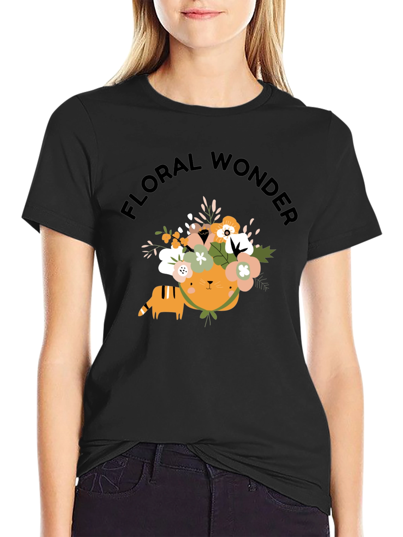 Floral Wonder Cat T-Shirt - Soft Black Cotton